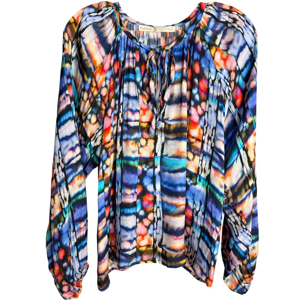 Marie Oliver Blouse Womens Size M Multicolor Viscose Tie Neck Boho Abstract